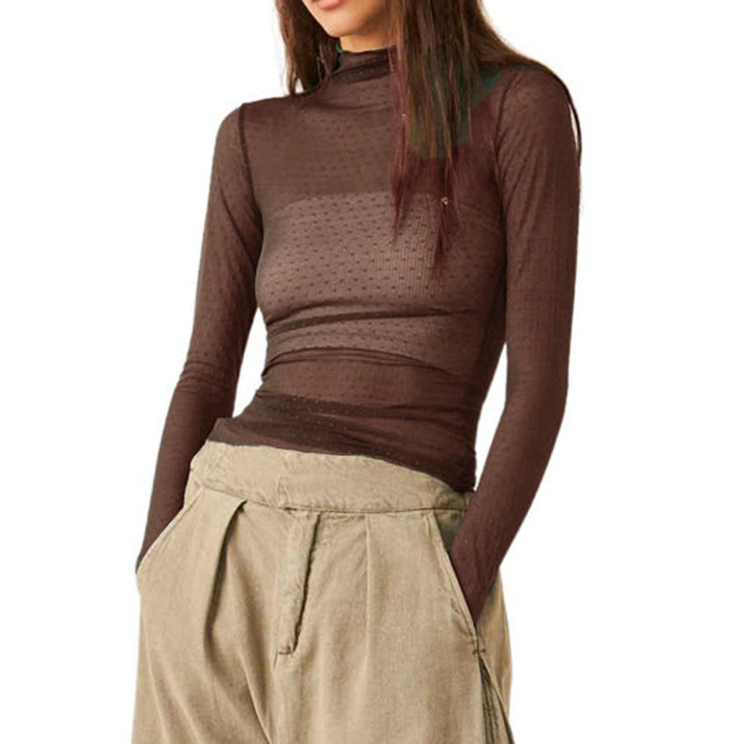 Women’s Sheer Mesh Turtleneck Top – Slim Fit Long Sleeve Clubwear women-tshirt AllTrendMart Brown S