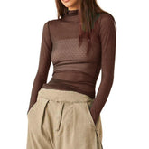 Women’s Sheer Mesh Turtleneck Top – Slim Fit Long Sleeve Clubwear women-tshirt AllTrendMart Brown S