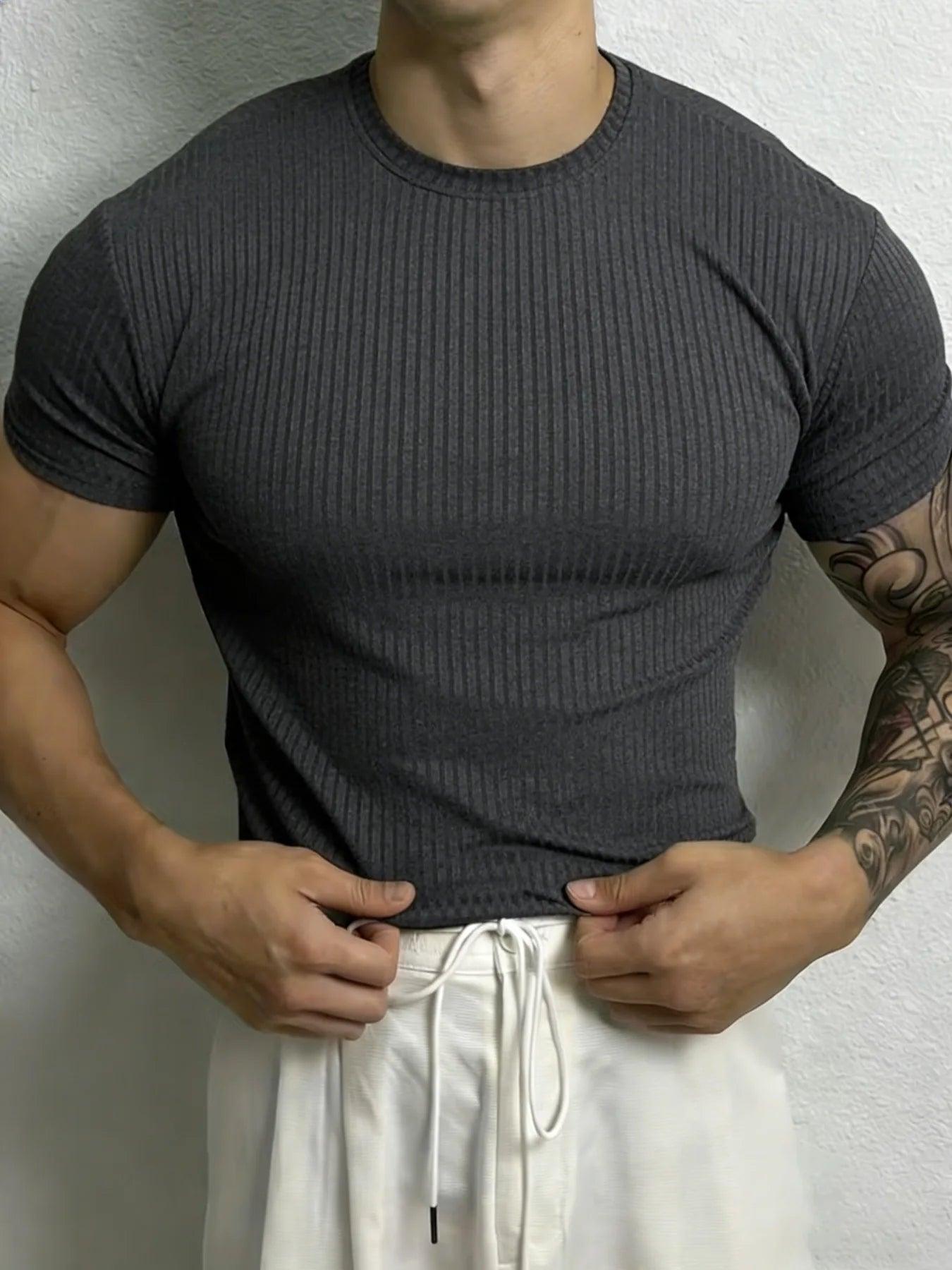 Men’s Stripe Fitness T-Shirt – Breathable High Collar Sport Tee men-tshirt AllTrendMart Dark Gray S