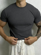 Men’s Stripe Fitness T-Shirt – Breathable High Collar Sport Tee men-tshirt AllTrendMart Dark Gray S