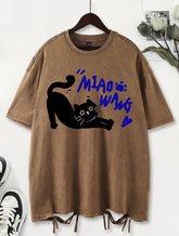 Unisex Vintage Washed T-Shirt – Black Cat Graphic Cotton Loose Fit Tee unisex-tshirt AllTrendMart Brown XS