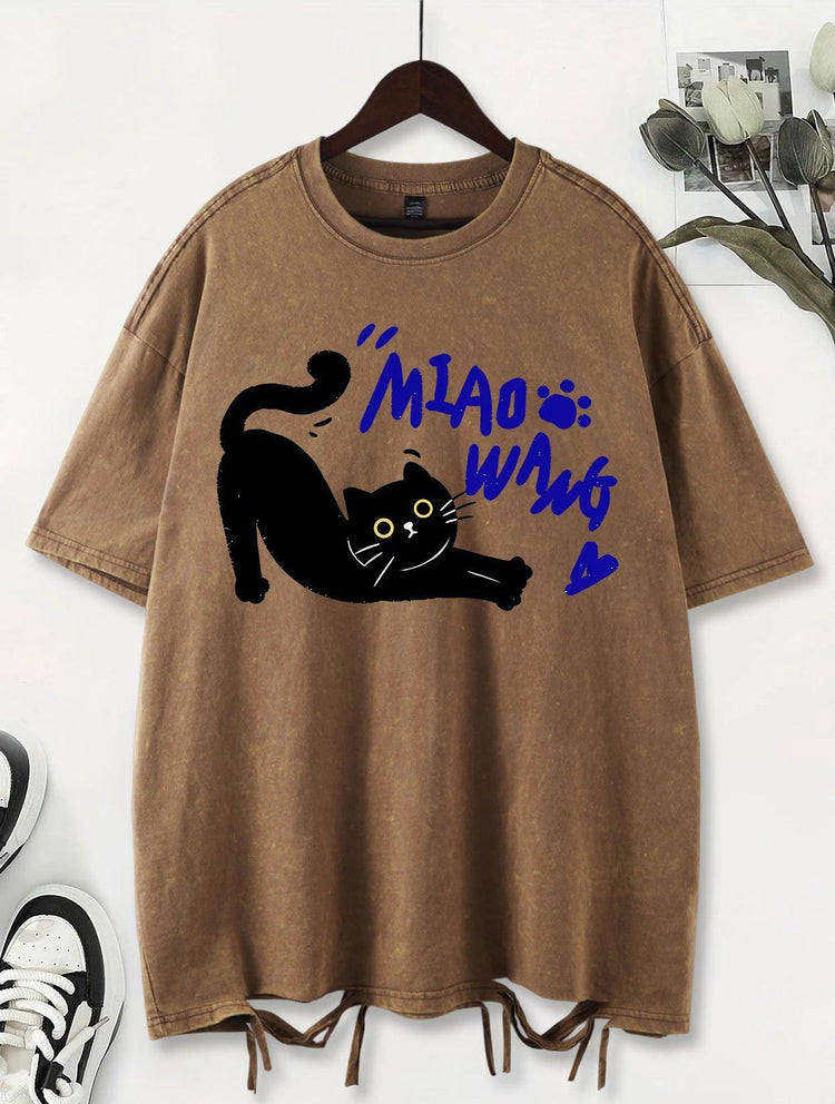 Unisex Vintage Washed T-Shirt – Black Cat Graphic Cotton Loose Fit Tee unisex-tshirt AllTrendMart Brown XS