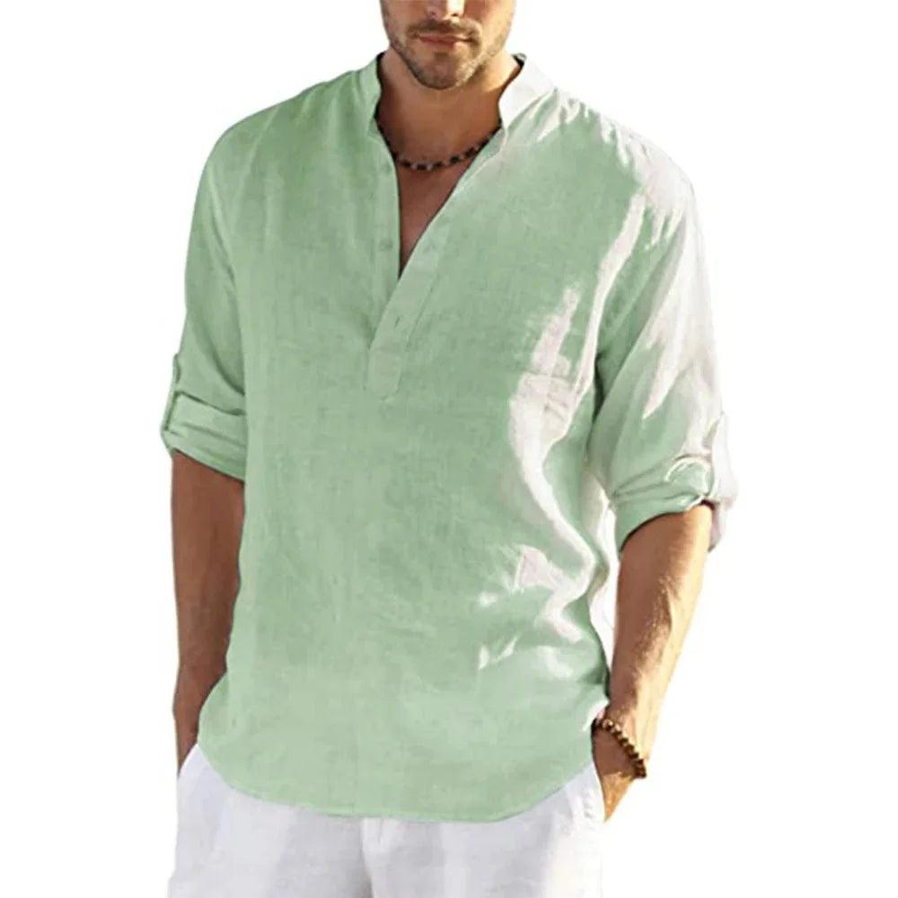 Men’s Cotton Linen T-Shirt – Casual Loose Long Sleeve Stand Collar Top men-tshirt AllTrendMart