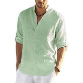 Men’s Cotton Linen T-Shirt – Casual Loose Long Sleeve Stand Collar Top men-tshirt AllTrendMart