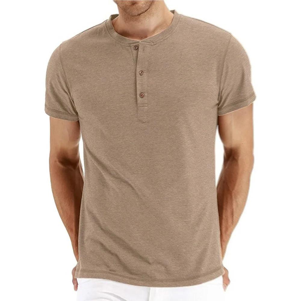Men’s Cotton Henley T-Shirt – Slim Fit Short Sleeve Casual Tee men-tshirt AllTrendMart Khaki S