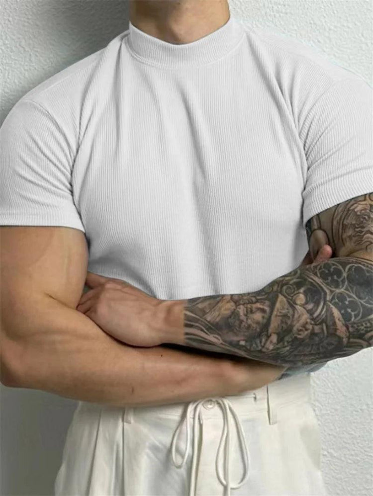 Men’s Striped Short Sleeve T-Shirt – High Collar Casual Fitness Top men-tshirt AllTrendMart