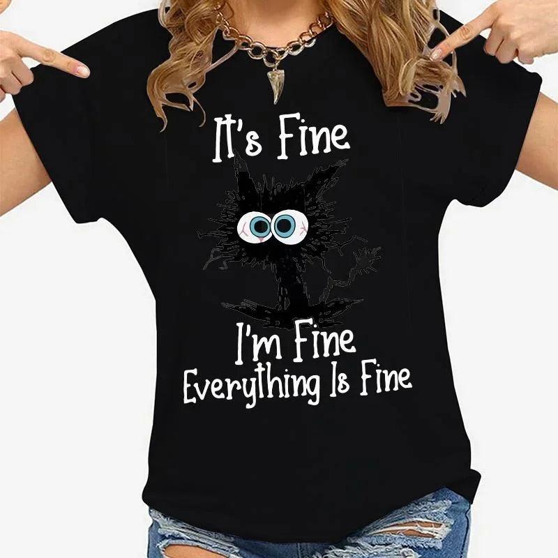 Women’s Graphic T-Shirt – “It’s Fine I’m Fine” Cat Print Casual Tee women-tshirt AllTrendMart Black S