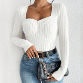 Women’s Knit Long Sleeve T-Shirt – Soft Casual Top with Decorative Collar women-tshirt AllTrendMart White XS