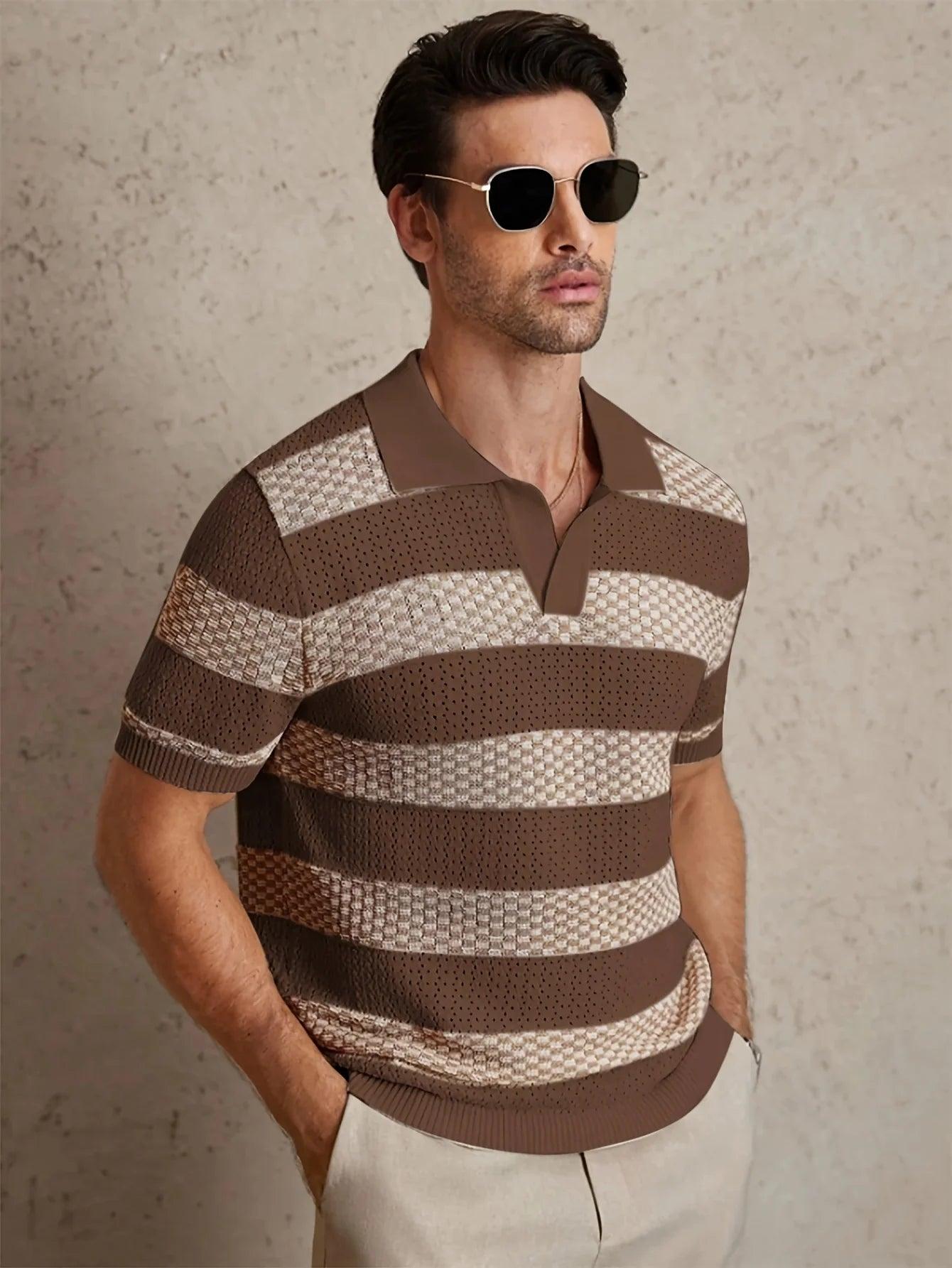 Men’s Knit Polo T-Shirt – Contrast Color Short Sleeve Casual Top men-tshirt AllTrendMart Brown S