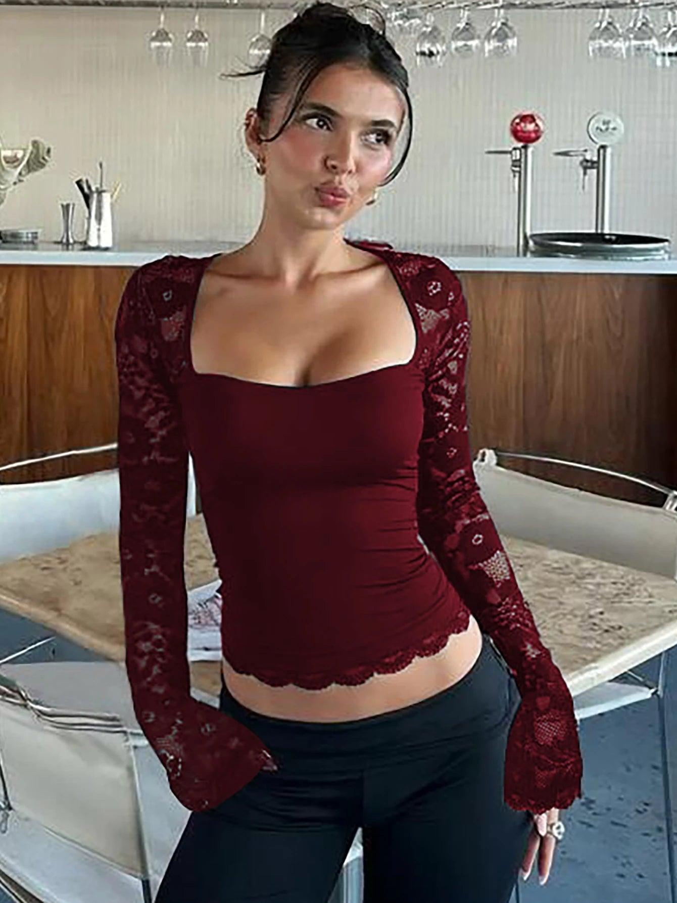 Women’s Sheer Lace Floral Crop T-Shirt – Square Neck Long Sleeve Party Top women-tshirt AllTrendMart Wind Red XS