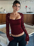 Women’s Sheer Lace Floral Crop T-Shirt – Square Neck Long Sleeve Party Top women-tshirt AllTrendMart Wind Red XS