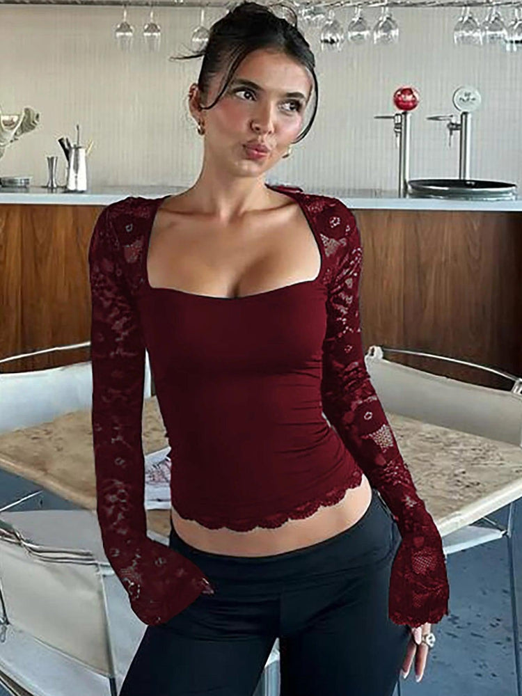 Women’s Sheer Lace Floral Crop T-Shirt – Square Neck Long Sleeve Party Top women-tshirt AllTrendMart Wind Red XS