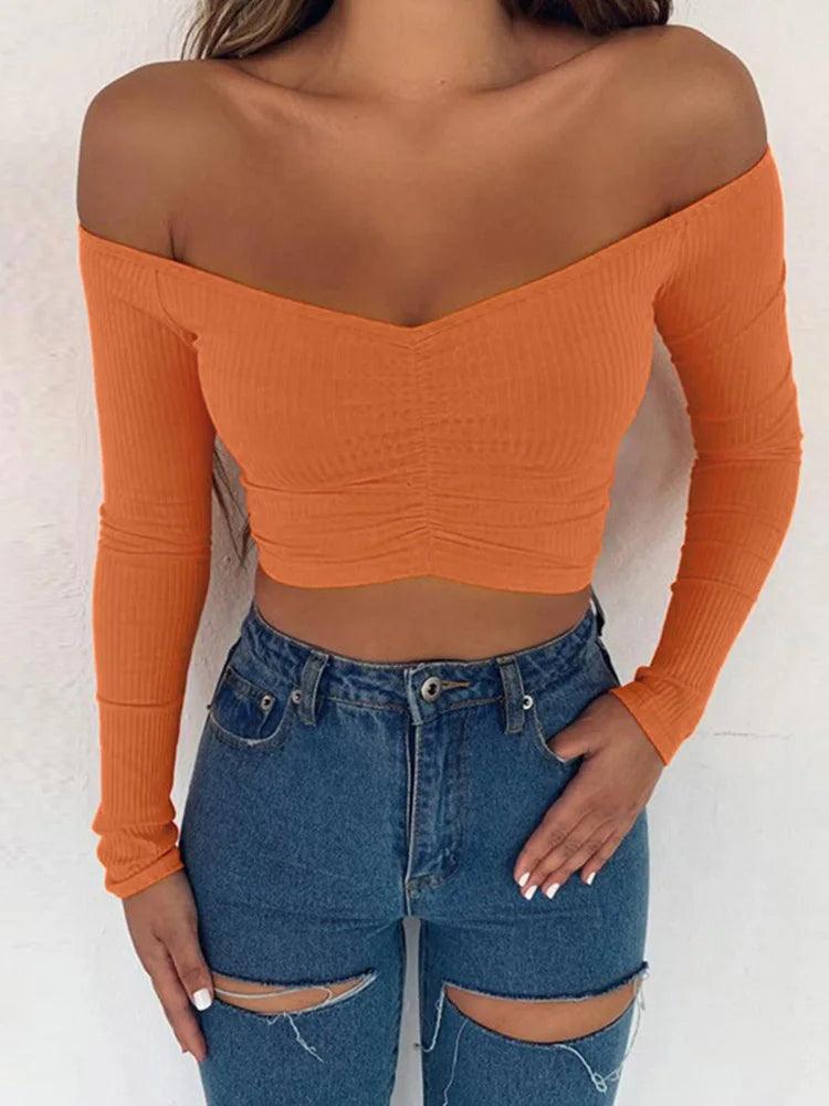 Women’s Off Shoulder Long Sleeve T-Shirt – Slim Fit Clubwear Top women-tshirt AllTrendMart Orange S