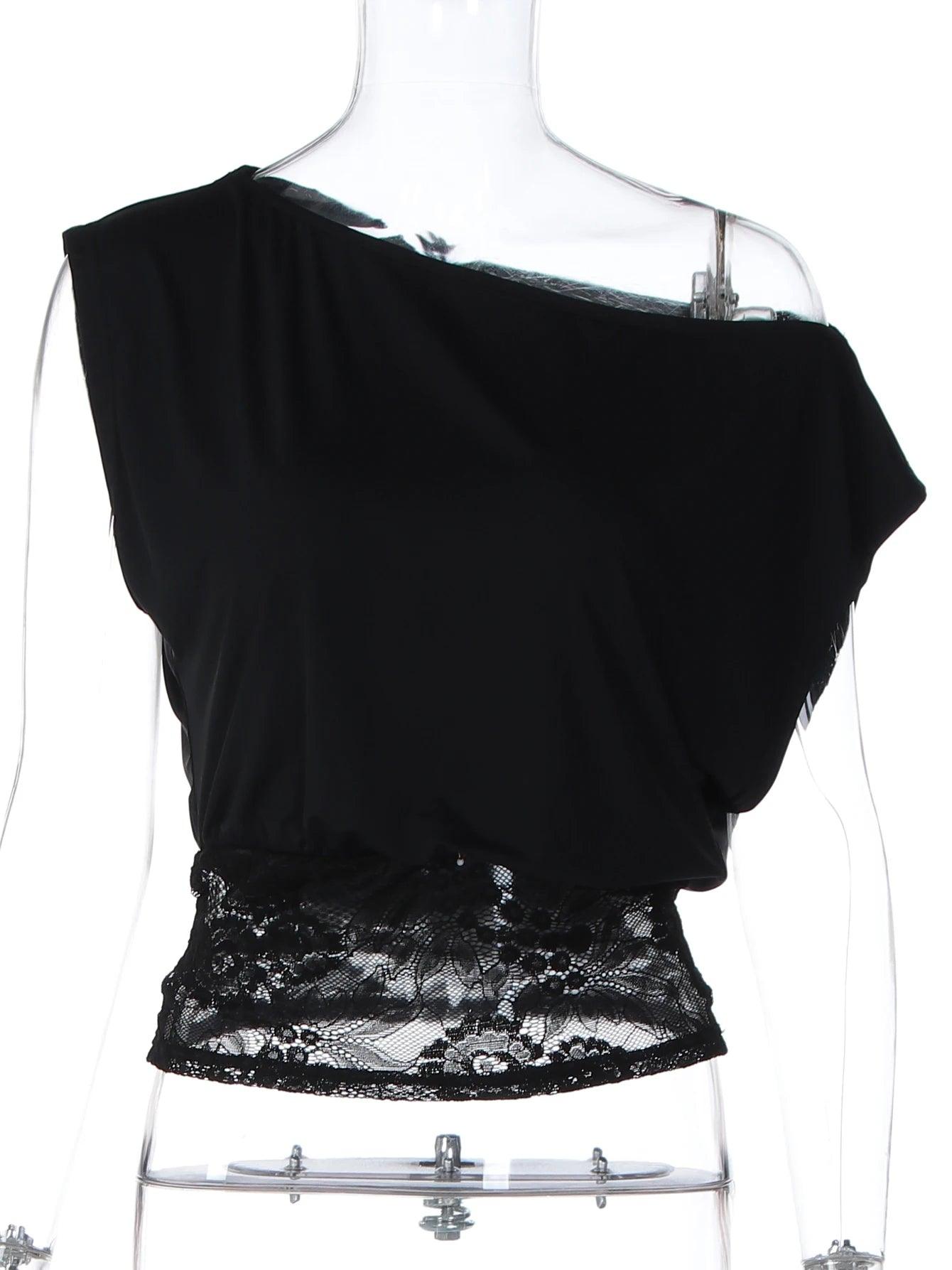 Women’s One Shoulder Lace Top – Sheer Patchwork Y2K Party T-Shirt women-tshirt AllTrendMart