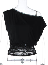 Women’s One Shoulder Lace Top – Sheer Patchwork Y2K Party T-Shirt women-tshirt AllTrendMart