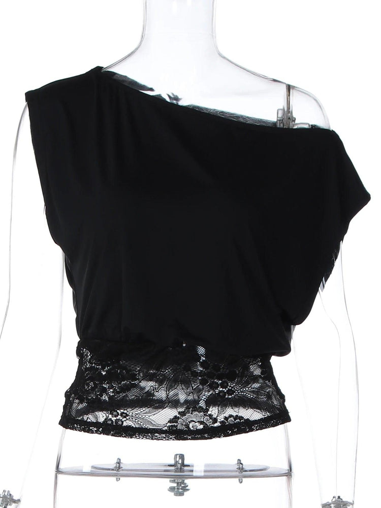 Women’s One Shoulder Lace Top – Sheer Patchwork Y2K Party T-Shirt women-tshirt AllTrendMart