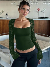 Women’s Sheer Lace Floral Crop T-Shirt – Square Neck Long Sleeve Party Top women-tshirt AllTrendMart Green XXL