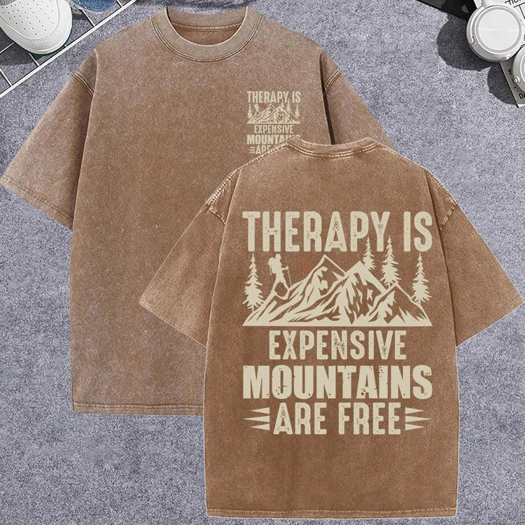 Unisex Vintage Washed T-Shirt – Mountain Graphic “Therapy Is Expensive” Cotton Tee unisex-tshirt AllTrendMart Brown XS