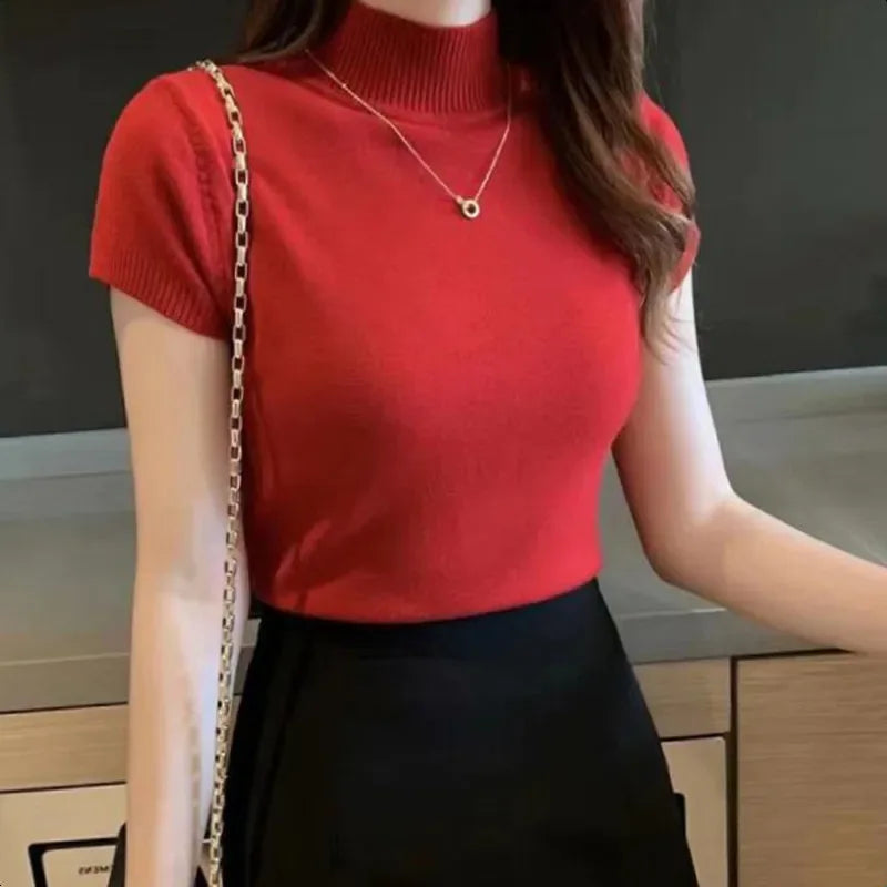 Women Half High Neck T-Shirt – Slim Fit Casual Elegant Top women-tshirt AllTrendMart Red One Size