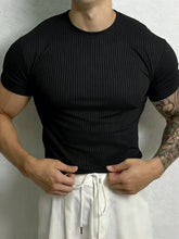 Men’s Stripe Fitness T-Shirt – Breathable High Collar Sport Tee men-tshirt AllTrendMart Black S