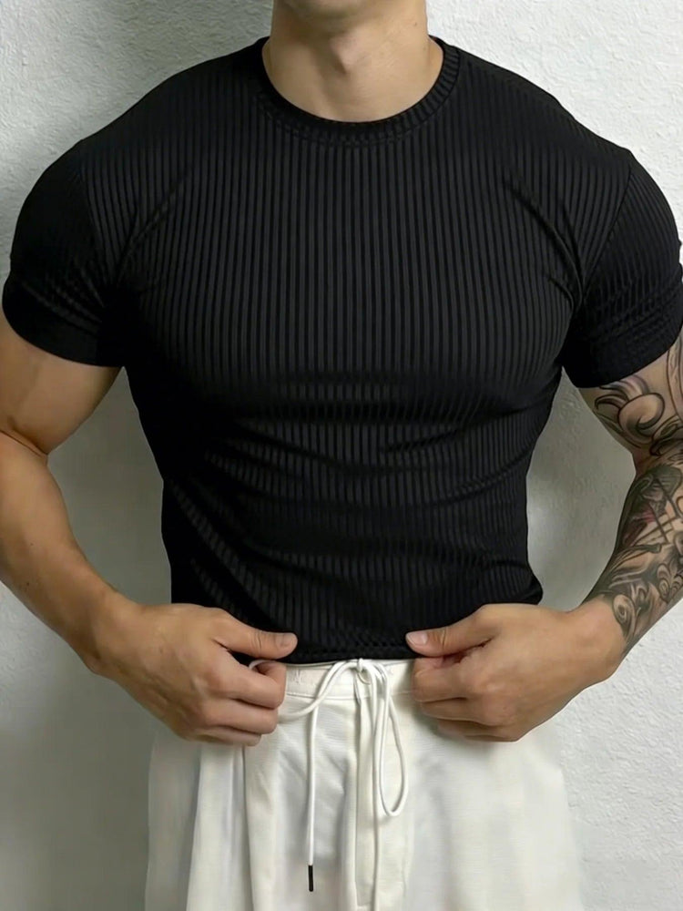 Men’s Stripe Fitness T-Shirt – Breathable High Collar Sport Tee men-tshirt AllTrendMart Black S