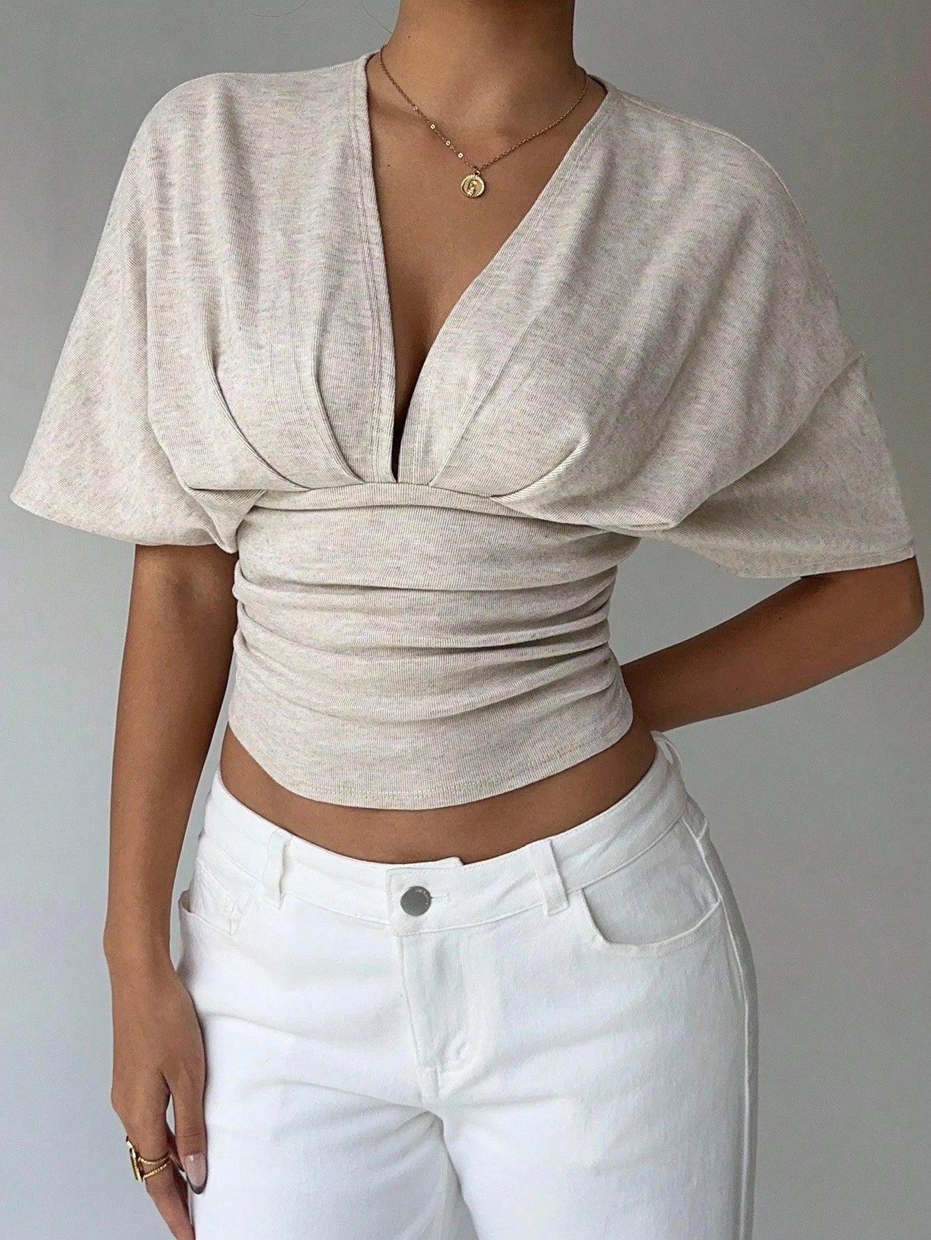 Women’s Deep V-Neck Pleated T-Shirt – Slim Fit Short Sleeve Top women-tshirt AllTrendMart Beige XS