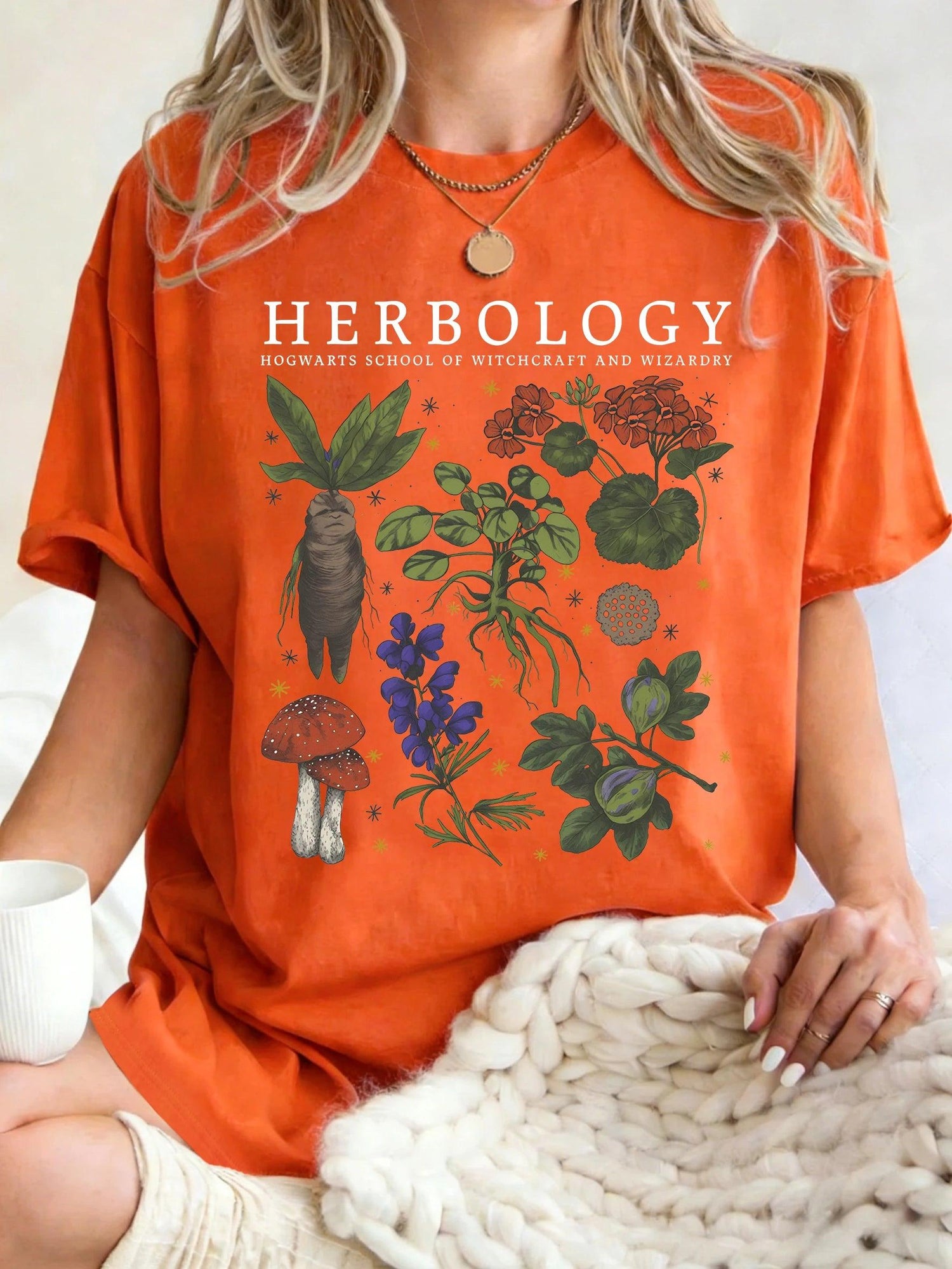 Women’s Herbology Graphic Cotton T-Shirt – Vintage Botanical Casual Tee women-tshirt AllTrendMart Orange S