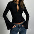 Women’s Cut-Out Bow T-Shirt – Flare Sleeve Long Sleeve Fashion Top women-tshirt AllTrendMart Black S