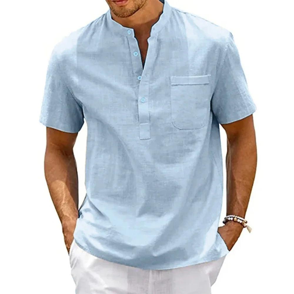 Men’s Cotton Linen Henley Shirt – Short Sleeve Casual Summer Top men-tshirt AllTrendMart Light Blue US S 50-60 KG
