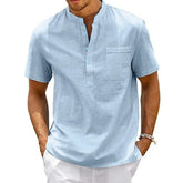 Men’s Cotton Linen Henley Shirt – Short Sleeve Casual Summer Top men-tshirt AllTrendMart Light Blue US S 50-60 KG