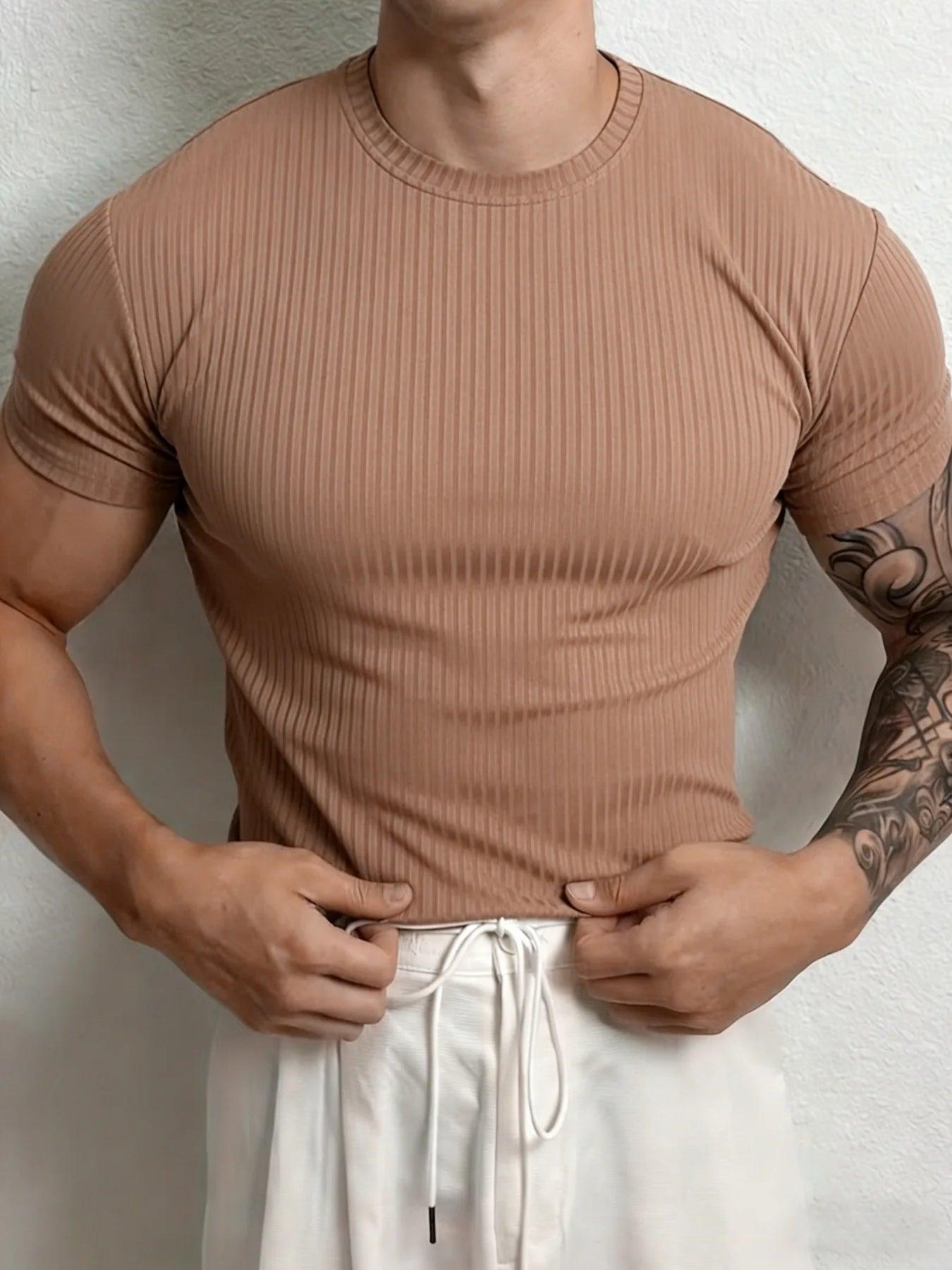 Men’s Stripe Fitness T-Shirt – Breathable High Collar Sport Tee men-tshirt AllTrendMart Khaki S