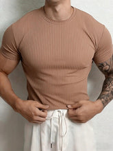 Men’s Stripe Fitness T-Shirt – Breathable High Collar Sport Tee men-tshirt AllTrendMart Khaki S