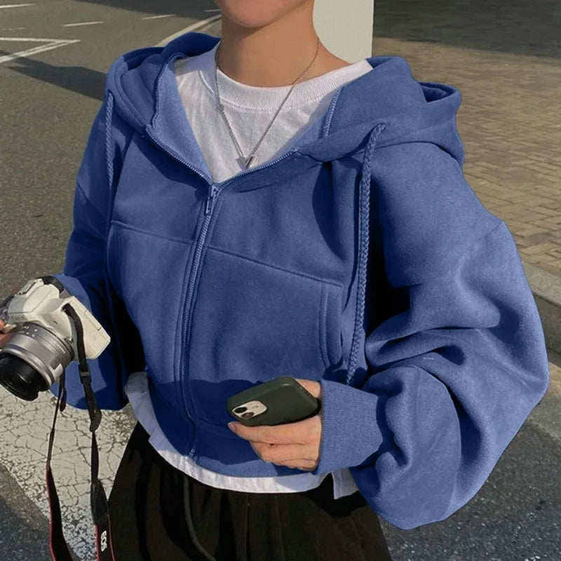 Women’s Autumn Winter Hooded Zip-Up Hoodie – Streetwear Style