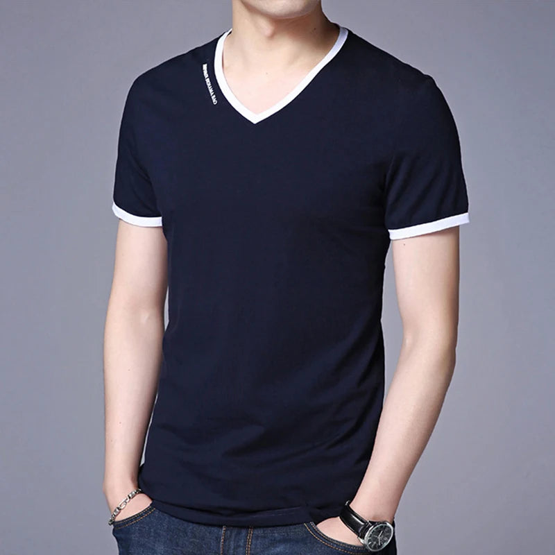 Men’s V-Neck Contrast Trim T-Shirt – Slim Fit Casual Summer Tee men-tshirt AllTrendMart
