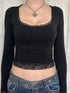 Women’s Y2K Lace Trim Long Sleeve T-Shirt – Slim Fit Vintage Crop Top women-tshirt AllTrendMart Black S