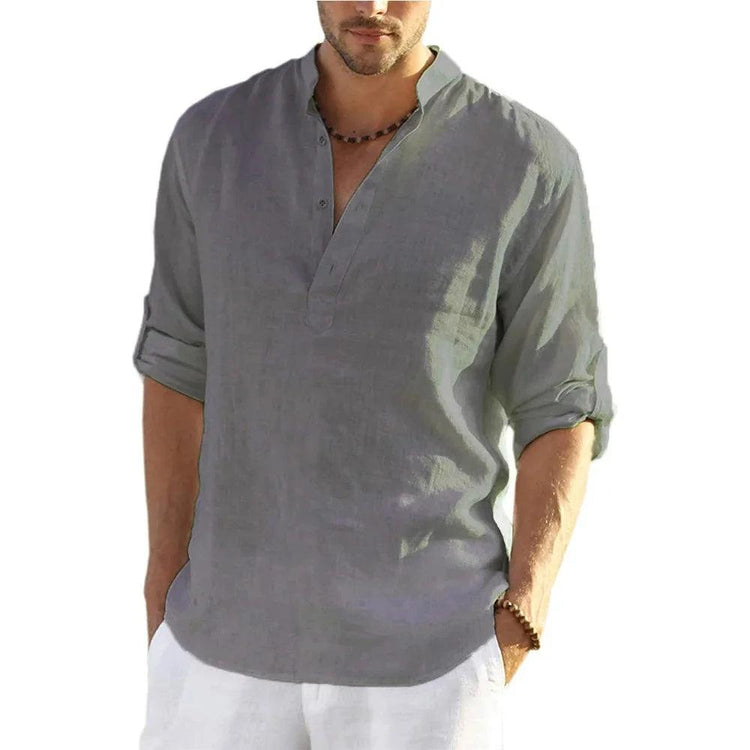 Men’s Cotton Linen T-Shirt – Casual Loose Long Sleeve Stand Collar Top men-tshirt AllTrendMart