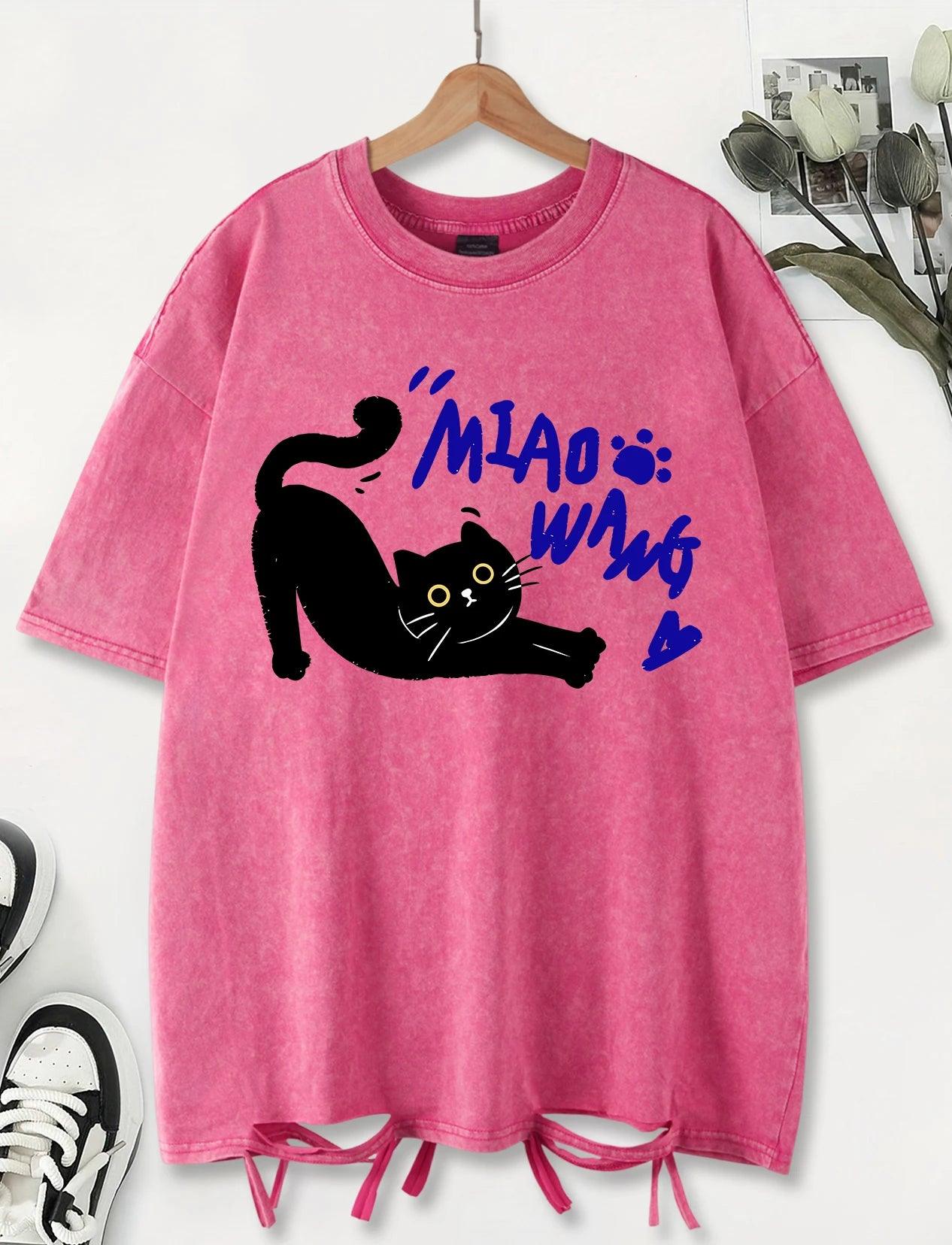 Unisex Vintage Washed T-Shirt – Black Cat Graphic Cotton Loose Fit Tee unisex-tshirt AllTrendMart Rose Red XS