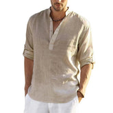 Men’s Cotton Linen T-Shirt – Casual Loose Long Sleeve Stand Collar Top men-tshirt AllTrendMart Khaki US S 50-60 KG