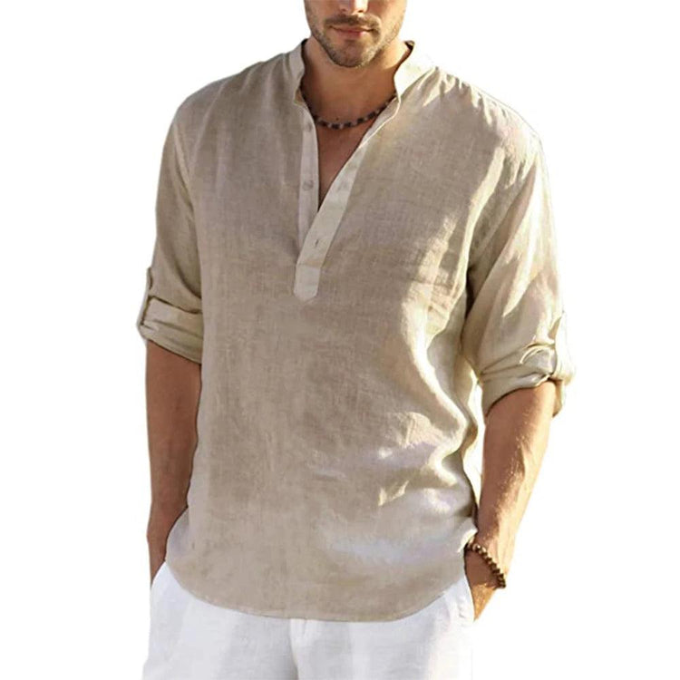 Men’s Cotton Linen T-Shirt – Casual Loose Long Sleeve Stand Collar Top men-tshirt AllTrendMart Khaki US S 50-60 KG