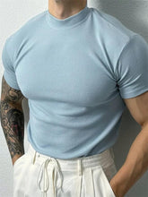 Men’s Striped Short Sleeve T-Shirt – High Collar Casual Fitness Top men-tshirt AllTrendMart Light Blue S