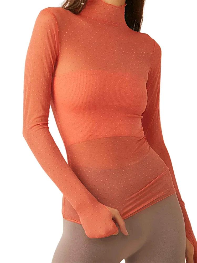 Women’s Sheer Mesh Turtleneck Top – Slim Fit Long Sleeve Clubwear women-tshirt AllTrendMart