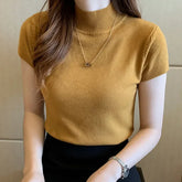Women Half High Neck T-Shirt – Slim Fit Casual Elegant Top women-tshirt AllTrendMart Mustard Yellow One Size