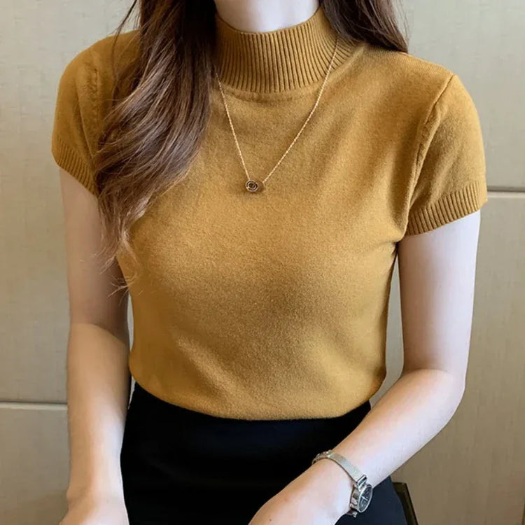 Women Half High Neck T-Shirt – Slim Fit Casual Elegant Top women-tshirt AllTrendMart Mustard Yellow One Size
