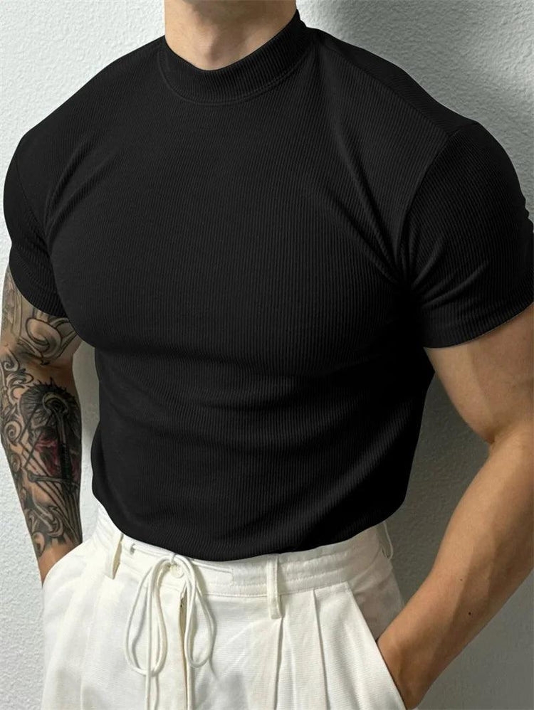 Men’s Striped Short Sleeve T-Shirt – High Collar Casual Fitness Top men-tshirt AllTrendMart Black S