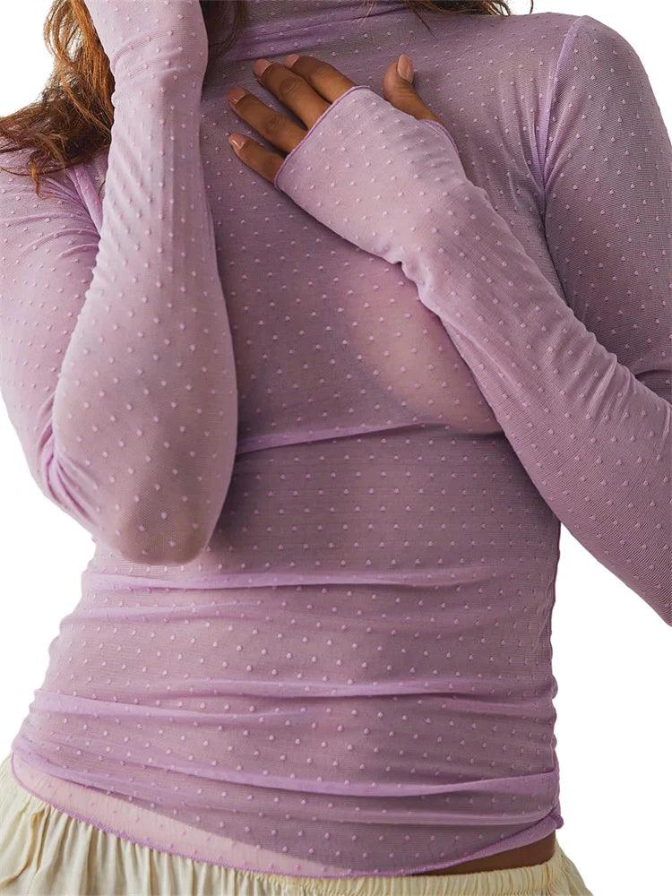 Women’s Sheer Mesh Turtleneck Top – Slim Fit Long Sleeve Clubwear women-tshirt AllTrendMart