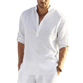 Men’s Cotton Linen T-Shirt – Casual Loose Long Sleeve Stand Collar Top men-tshirt AllTrendMart White US S 50-60 KG