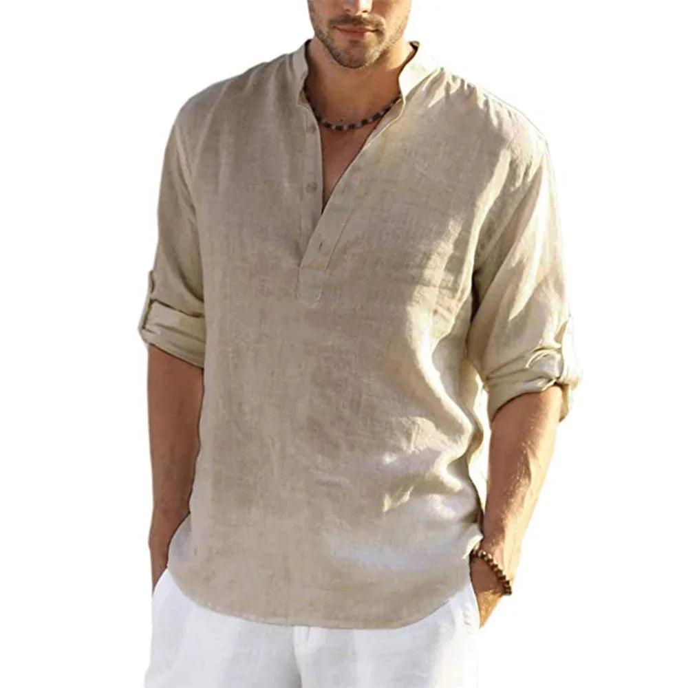 Men’s Cotton Linen T-Shirt – Casual Loose Long Sleeve Stand Collar Top men-tshirt AllTrendMart