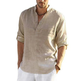 Men’s Cotton Linen T-Shirt – Casual Loose Long Sleeve Stand Collar Top men-tshirt AllTrendMart