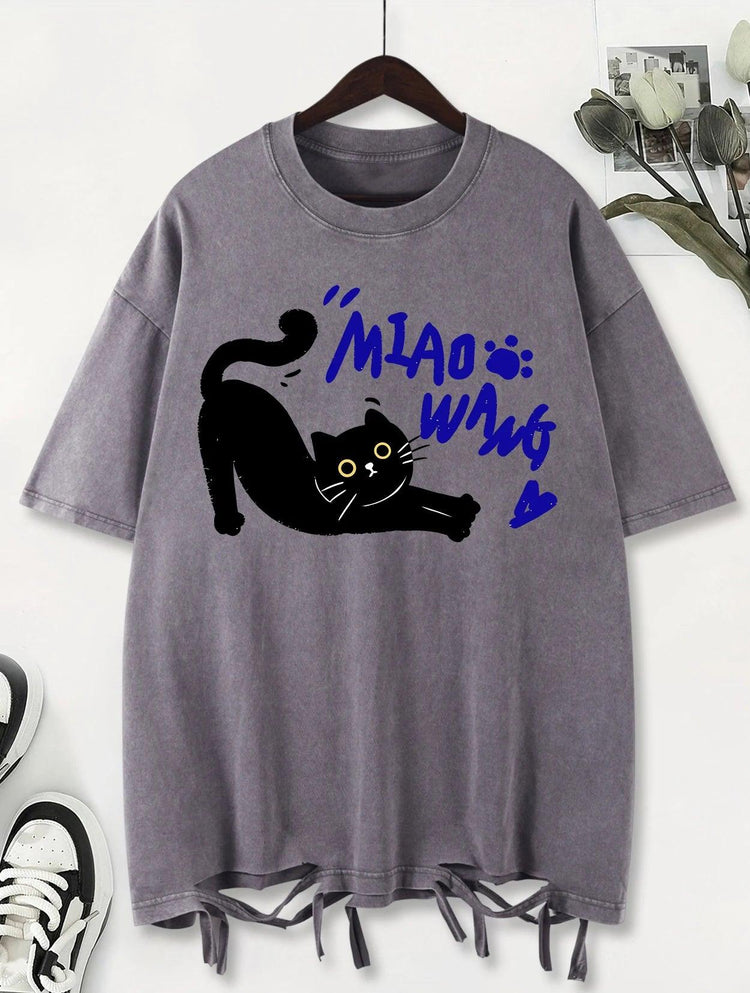 Unisex Vintage Washed T-Shirt – Black Cat Graphic Cotton Loose Fit Tee unisex-tshirt AllTrendMart Gray XS