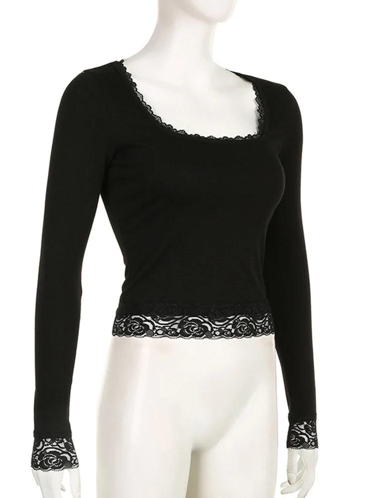 Women’s Y2K Lace Trim Long Sleeve T-Shirt – Slim Fit Vintage Crop Top women-tshirt AllTrendMart